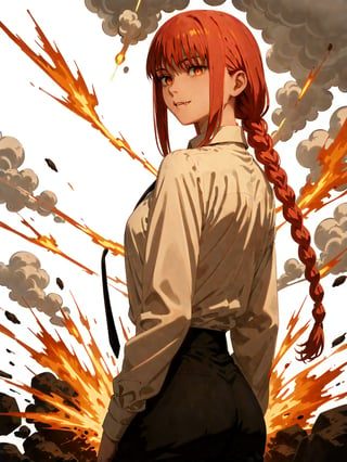 score_9,score_8_up,score_7_up,score_6_up, masterpiece, best quality, 8k, 8k UHD, ultra-high resolution, ultra-high definition, highres
,//Character, 
1girl, solo,makima_v1, red hair, ringed eyes, braided ponytail
,//Fashion, 
black necktie, shirt, collared shirt, black_pants
,//Background, white_background
,//Others, ,Expressiveh,ArtoriaPendragon, explosion, back view, looking at viewer, looking back, fang