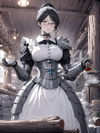 //Quality,
masterpiece, best quality, detailed
,//Character,
,Yuri Alpha \(overlord\), 1girl, solo, grey eyes, glasses, black hair, hair bun, breasts
,//Fashion,
dress, broach, choker, maid, armor, gauntlets, corset
,//Background,
log house, pouring tea
,//Others,
