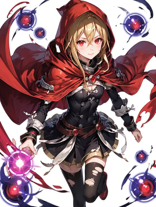 score_9,score_8_up,score_7_up,score_6_up, masterpiece, best quality, 8k, 8k UHD, ultra-high resolution, ultra-high definition, highres
,//Character, 
1girl, solo,Evileye \(overlord\), blonde hair, red eyes, hair between eyes, small breasts
,//Fashion, 
hood, black dress, torn clothes, covered navel, red cloak, hooded cloak, black thighhighs, torn thighhighs, 
hood up
,//Background, white_background
,//Others, ,Expressiveh,
dynamic pose, energy ball charging