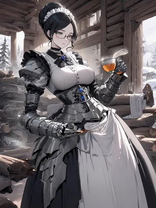 //Quality,
masterpiece, best quality, detailed
,//Character,
,Yuri Alpha \(overlord\), 1girl, solo, grey eyes, glasses, black hair, hair bun, breasts
,//Fashion,
dress, broach, choker, maid, armor, gauntlets, corset
,//Background,
log house, pouring tea
,//Others,
