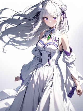 //Character, solo,emilia \(re_zero\), 1girl, long hair, white hair, purple eyes crown braid, pointy ears, 
//Fashion, white dress, hair ornament, hair ribbon, purple ribbon, bare shoulders, cleavage, white footwear,
//Background, simple background, 
//Quality, (masterpiece), best quality, ultra-high resolution, ultra-high definition, highres, intricate, intricate details, absurdres, highly detailed, finely detailed, ultra-detailed, ultra-high texture quality, natural lighting, natural shadow, dramatic shading, dramatic lighting, vivid colour, perfect anatomy, 
//Others, 