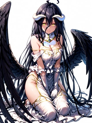 score_9,score_8_up,score_7_up,score_6_up, masterpiece, best quality
,//Character, 
1girl, solo,albedo \(overlord\), long hair, black hair, hair between eyes, yellow eyes, horns, ahoge, black wings, feathered wings, low wings
,//Fashion, 
white gloves, white dress, bare shoulders, detached collar, cleavage, slit pupils
,//Background, white_background
,//Others,
kneeling, tearful