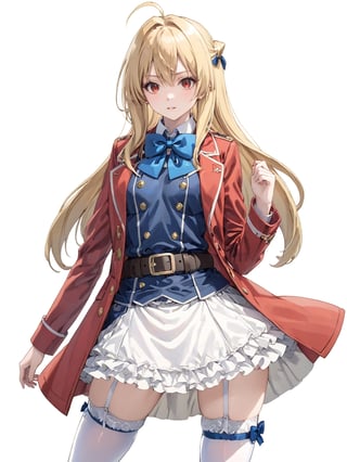 //Quality, masterpiece, best quality, detailmaster2, 8k, 8k UHD, ultra detailed, ultra-high resolution, ultra-high definition, highres, 
//Character, 1girl, solo,Terakomari, long hair, blonde hair, red eyes, ahoge, 
//Fashion, red coat, belt buckle, blue bowtie, long sleeves, white skirt, bow, white thighhighs, garter straps, boots, 
//Background, white background, 
//Others, 