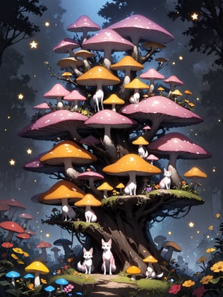 A whimsical forest scene at nighttime. Two foxes, one sitting and one standing, are the central figures, surrounded by a myriad of colorful flowers, mushrooms, and trees. Above the foxes, a large red and yellow mushroom stands out. The background is dark, possibly representing the night sky, dotted with tiny specks that could be stars or fireflies. Birds, including a pink one, can be seen perched on branches. The entire scene exudes a magical and serene ambiance.