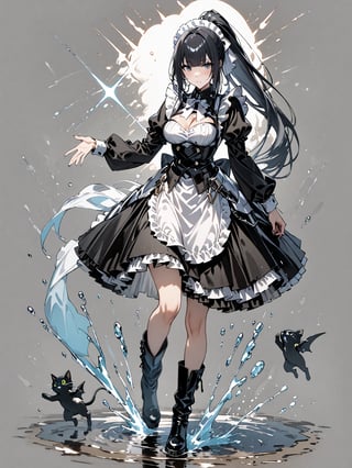 score_9,score_8_up,score_7_up,score_6_up, masterpiece, best quality, highres
,//Character, 
1girl,narberal gamma \(overlord\), long hair, black hair, glay eyes, bangs, ponytail, medium breats
,//Fashion, 
maid
,//Background, 
,//Others, ,Expressiveh, 
A girl in rain boots jumping in puddles after a storm, her face lit up with pure joy as rainbows form in the splash.