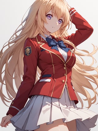 score_9,score_8_up,score_7_up,score_6_up, masterpiece, best quality, 8k, 8k UHD, ultra-high resolution, ultra-high definition, highres
,//Character, 
1girl, solo,ichinose honami, blonde hair, long hair, purple eyes
,//Fashion, 
school uniform, red jacket, blue bow, white skirt, pleated skirt
,//Background, white_background
,//Others, ,Expressiveh,
dynamic pose