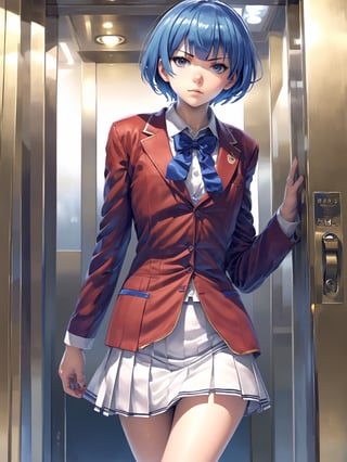 //Quality,
masterpiece, best quality, detailed
,//Character,
, IbukiMio, 1girl, solo, breasts, short hair, bangs, blue eyes, blue hair, purple eyes, ahoge, shiny hair
,//Fashion,
school uniform, red jacket, open clothes, blue bow, collared shirt, pleated skirt, black footwear, white socks
,//Background,
Elevator, closed room, sweaty summer, kicking the door
,//Others,
