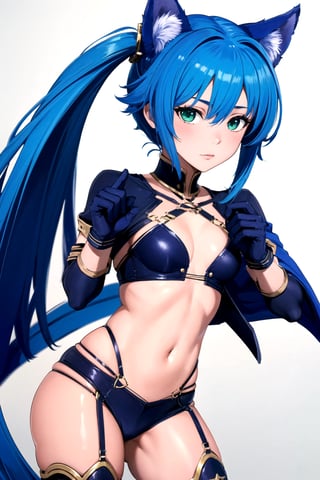 //Quality, masterpiece, best quality, detailmaster2, 8k, 8k UHD, ultra-high resolution, ultra-high definition, highres, 
//Character, 1girl, solo,MeracleChamlotte_SO4 cat_girl,blue_hair twintails green_eyes,
//Fashion, ,navel gloves thighhighs,
//Background, white background, 
//Others, 