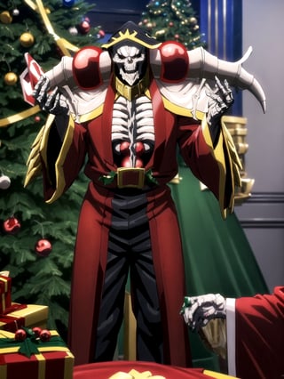 1boy, intricate design, santa costume, (santa's home, decorate santa house, Decorate the Christmas tree),Christmas,Ainz, overlord, high laughter