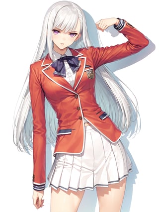 //Character, solo, 1girl, white hair, purple eyes,
//Fashion, school uniform, red jacket, pleated skirt,
//Background, simple background, 
//Quality, (masterpiece), best quality, ultra-high resolution, ultra-high definition, highres, intricate, intricate details, absurdres, highly detailed, finely detailed, ultra-detailed, ultra-high texture quality, natural lighting, natural shadow, dramatic shading, dramatic lighting, vivid colour, perfect anatomy, 
//Others, 