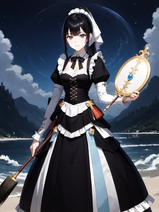 score_9,score_8_up,score_7_up,score_6_up, masterpiece, best quality, highres
,//Character, 
1girl,narberal gamma \(overlord\), long hair, black hair, glay eyes, bangs, ponytail, medium breats
,//Fashion, 
maid
,//Background, 
,//Others, ,Expressiveh, 
painting, stroke, night sky, gigantic paintbrush, creating stars and galaxies