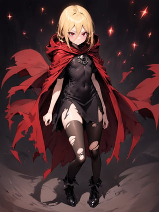 //Quality,
masterpiece, best quality, detailed
,//Character,
,Evileye \(overlord\), 1girl, solo, blonde hair, red eyes, hair between eyes, small breasts
,//Fashion,
hood, black dress, torn clothes, covered navel, red cloak, hooded cloak, black thighhighs, torn thighhighs, boots, black footwear
,//Background,
night_sky, starry_sky
,//Others,
hood down, arms at sides