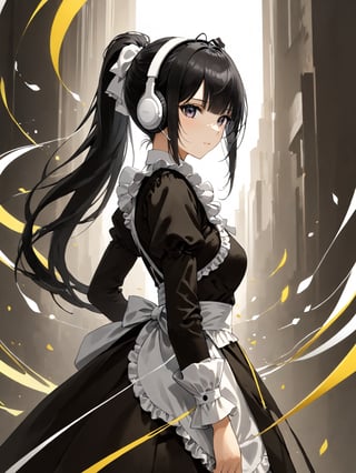 score_9,score_8_up,score_7_up,score_6_up, masterpiece, best quality, highres
,//Character, 
1girl, solo,narberal gamma \(overlord\), long hair, black hair, glay eyes, bangs, ponytail, medium breats
,//Fashion, 
maid
,//Background, 
,//Others, ,Expressiveh, 
A girl wearing headphones, with music notes visibly flowing out and transforming the world around her into colorful, abstract shapes.