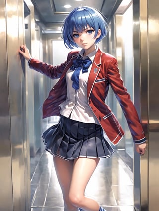 //Quality,
masterpiece, best quality, detailed
,//Character,
, IbukiMio, 1girl, solo, breasts, short hair, bangs, blue eyes, blue hair, purple eyes, ahoge, shiny hair
,//Fashion,
school uniform, red jacket, open clothes, blue bow, collared shirt, pleated skirt, black footwear, white socks
,//Background,
Elevator, closed room, sweaty summer, kicking the door
,//Others,
