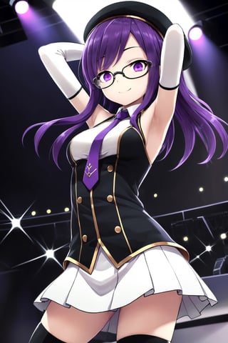 (best quality),(masterpiece),(ultra detailed),(highres),production art,solo,1girl, solo, hat, glasses, necktie, armpits, thighhighs, purple hair, smile, green-framed eyewear, looking at viewer, skirt, purple eyes, arms behind head, medium breasts, gloves, arms up, idol, breasts, bangs, stage, black thighhighs, semi-rimless eyewear, white headwear, zettai ryouiki, elbow gloves, sleeveless, stage lights, under-rim eyewear, beret, detached sleeves, standing, white skirt, shirt