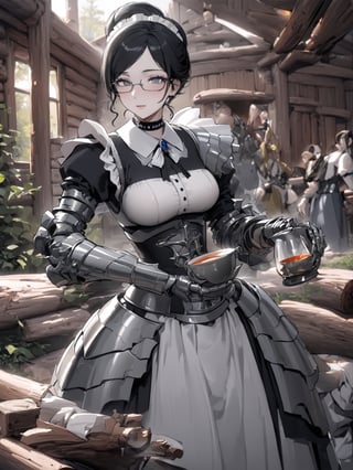 //Quality,
masterpiece, best quality, detailed
,//Character,
,Yuri Alpha \(overlord\), 1girl, solo, grey eyes, glasses, black hair, hair bun, breasts
,//Fashion,
dress, broach, choker, maid, armor, gauntlets, corset
,//Background,
log house, pouring tea
,//Others,
