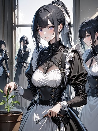 score_9,score_8_up,score_7_up,score_6_up, masterpiece, best quality, highres
,//Character, 
1girl,narberal gamma \(overlord\), long hair, black hair, glay eyes, bangs, ponytail, medium breats
,//Fashion, 
maid
,//Background, 
,//Others, ,Expressiveh, 
A young girl carefully watering her first sprout in a small pot, sunlight highlighting her proud smile.