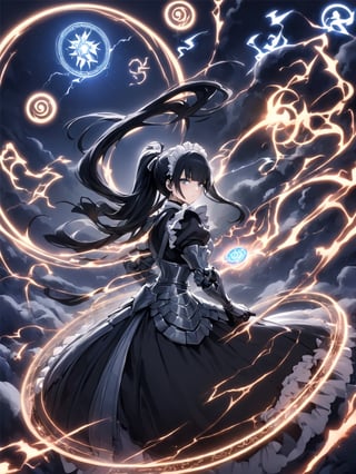 //Quality,
masterpiece, best quality, detailed
,//Character,
,narberal gamma \(overlord\), 1girl, solo, long hair, black hair, glay eyes, bangs, ponytail, medium breats
,//Fashion,
ribbon, bow, maid, dress, armor, gloves
,//Background,
night_sky, flying
,//Others,
magic chanting, magic circle, electric magic, lightning,Katon