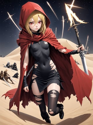 //Quality,
masterpiece, best quality, detailed
,//Character,
,Evileye \(overlord\), 1girl, solo, blonde hair, red eyes, hair between eyes, small breasts
,//Fashion,
hood, black dress, torn clothes, covered navel, red cloak, hooded cloak, black thighhighs, torn thighhighs, boots, black footwear
,//Background,
dune hill of Swords, starry_sky
,//Others,
hood up