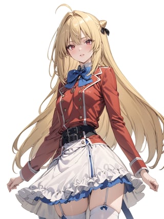 //Quality, masterpiece, best quality, detailmaster2, 8k, 8k UHD, ultra detailed, ultra-high resolution, ultra-high definition, highres, 
//Character, 1girl, solo,Terakomari, long hair, blonde hair, red eyes, ahoge, 
//Fashion, red coat, belt buckle, blue bowtie, long sleeves, white skirt, bow, white thighhighs, garter straps, boots, 
//Background, white background, 
//Others, 