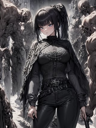 //Quality,
masterpiece, best quality, detailed
,//Character,
1girl, solo
,//Fashion,
,//Background,
,//Others,
,narberal gamma \(overlord\), 1girl, long hair, black hair, glay eyes, bangs, ponytail, medium breats, hair ribbon, long sleeves, capelet, belt, pants, weapon