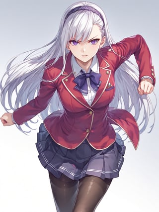 score_9,score_8_up,score_7_up,score_6_up, masterpiece, best quality, 8k, 8k UHD, ultra-high resolution, ultra-high definition, highres
,//Character, 
1girl, solo, long hair, white hair, purple eyes
,//Fashion, 
school uniform, red jacket, pantyhose, pleated skirt, hairband
,//Background, white_background
,//Others, ,Expressiveh,
fighting stance, dynamic pose