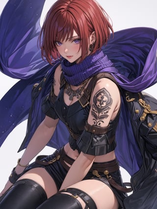 //Quality, masterpiece, best quality, detailmaster2, 8k, 8k UHD, ultra detailed, ultra-high resolution, ultra-high definition, highres, 
//Character, 1girl, solo, NelZelpher_SO3, purple eyes, short hair, red hair, tattoo,
//Fashion, black thighhighs, scarf, 
//Background, white background, 
//Others, 