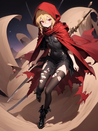 //Quality,
masterpiece, best quality, detailed
,//Character,
,Evileye \(overlord\), 1girl, solo, blonde hair, red eyes, hair between eyes, small breasts
,//Fashion,
hood, black dress, torn clothes, covered navel, red cloak, hooded cloak, black thighhighs, torn thighhighs, boots, black footwear
,//Background,
dune hill of Swords, starry_sky
,//Others,
hood up