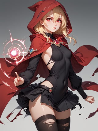 score_9,score_8_up,score_7_up,score_6_up, masterpiece, best quality, 8k, 8k UHD, ultra-high resolution, ultra-high definition, highres
,//Character, 
1girl, solo,Evileye \(overlord\), blonde hair, red eyes, hair between eyes, small breasts
,//Fashion, 
hood, black dress, torn clothes, covered navel, red cloak, hooded cloak, black thighhighs, torn thighhighs, 
hood up
,//Background, white_background
,//Others, ,Expressiveh,2b-Eimi, 
dynamic pose, energy ball charging