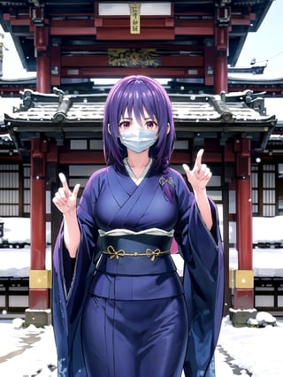 //Quality,
(masterpiece), (best quality), 8k illustration,
,//Character,
1girl, solo, 
,//Fashion,
details (dark blue silk brocade kimono)
,//Background,
Kyoto, outdoors, winter, snow
,//Others,
virus, mask, goodbye pose,Yuzuki