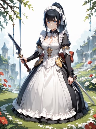 score_9,score_8_up,score_7_up,score_6_up, masterpiece, best quality, highres
,//Character, 
1girl, solo,narberal gamma \(overlord\), long hair, black hair, glay eyes, bangs, ponytail, medium breats
,//Fashion, 
maid
,//Background, 
,//Others, ,Expressiveh, 
A tiny girl sitting on a massive book, using a blade of grass as a slide to reach the ground filled with oversized flowers.