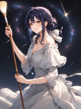 masterpiece, best quality, highres
,//Character, 
1girl, solo
,//Fashion, 
,//Background, white background
,//Others, ,Expressiveh, 
,AobaTsukuyo,
A girl painting the night sky with a gigantic paintbrush, creating stars and galaxies with each stroke.