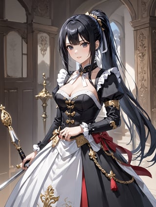 score_9,score_8_up,score_7_up,score_6_up, masterpiece, best quality, highres
,//Character, 
1girl,narberal gamma \(overlord\), long hair, black hair, glay eyes, bangs, ponytail, medium breats
,//Fashion, 

,//Background, 
,//Others, ,Expressiveh, 
A girl conducting an orchestra of kitchen utensils, each spoon and fork playing itself while floating in mid-air.