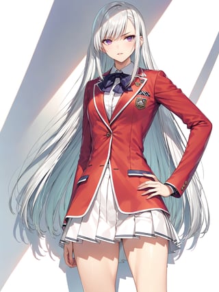 //Character, solo, 1girl, white hair, purple eyes,
//Fashion, school uniform, red jacket, pleated skirt,
//Background, simple background, 
//Quality, (masterpiece), best quality, ultra-high resolution, ultra-high definition, highres, intricate, intricate details, absurdres, highly detailed, finely detailed, ultra-detailed, ultra-high texture quality, natural lighting, natural shadow, dramatic shading, dramatic lighting, vivid colour, perfect anatomy, 
//Others, 
