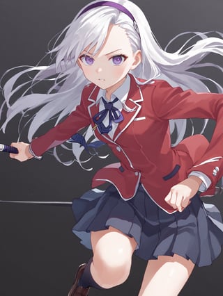 score_9,score_8_up,score_7_up,score_6_up, masterpiece, best quality, 8k, 8k UHD, ultra-high resolution, ultra-high definition, highres
,//Character, 
1girl, solo, long hair, white hair, purple eyes
,//Fashion, 
school uniform, red jacket, pantyhose, pleated skirt, hairband
,//Background, white_background
,//Others, ,Expressiveh,
fighting stance, dynamic pose,forehead