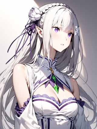 //Character, solo,emilia \(re_zero\), 1girl, long hair, white hair, purple eyes crown braid, pointy ears, 
//Fashion, white dress, hair ornament, hair ribbon, purple ribbon, bare shoulders, cleavage, white footwear,
//Background, simple background, 
//Quality, (masterpiece), best quality, ultra-high resolution, ultra-high definition, highres, intricate, intricate details, absurdres, highly detailed, finely detailed, ultra-detailed, ultra-high texture quality, natural lighting, natural shadow, dramatic shading, dramatic lighting, vivid colour, perfect anatomy, 
//Others, 