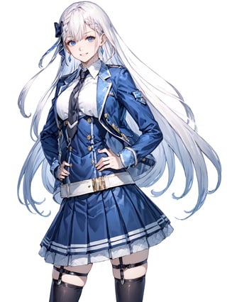 score_9,score_8_up,score_7_up,score_6_up, masterpiece, best quality
,//Character, 
1girl, solo,RiseliaRayCrystalia, very long hair, white hair, braid, blue eyes, medium breasts
,//Fashion, 
earrings, hair bow, long sleeves, white shirt, collared shirt, black necktie, blue jacket, blue skirt, pleated skirt, black thighhighs, belt
,//Background, white_background
,//Others,
v, smile
