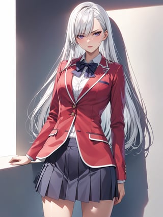 //Character, solo, 1girl, white hair, purple eyes,
//Fashion, school uniform, red jacket, pleated skirt,
//Background, simple background, 
//Quality, (masterpiece), best quality, ultra-high resolution, ultra-high definition, highres, intricate, intricate details, absurdres, highly detailed, finely detailed, ultra-detailed, ultra-high texture quality, natural lighting, natural shadow, dramatic shading, dramatic lighting, vivid colour, perfect anatomy, 
//Others, 