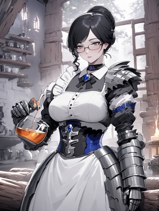 //Quality,
masterpiece, best quality, detailed
,//Character,
,Yuri Alpha \(overlord\), 1girl, solo, grey eyes, glasses, black hair, hair bun, breasts
,//Fashion,
dress, broach, choker, maid, armor, gauntlets, corset
,//Background,
log house, pouring tea
,//Others,
