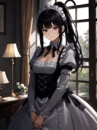 score_9,score_8_up,score_7_up,score_6_up, masterpiece, best quality, highres
,//Character, 
1girl,narberal gamma \(overlord\), long hair, black hair, glay eyes, bangs, ponytail, medium breats
,//Fashion, 
maid
,//Background, 
,//Others, ,Expressiveh, 
A girl releasing a butterfly she's raised from a caterpillar, her expression a mix of happiness and bittersweet farewell.