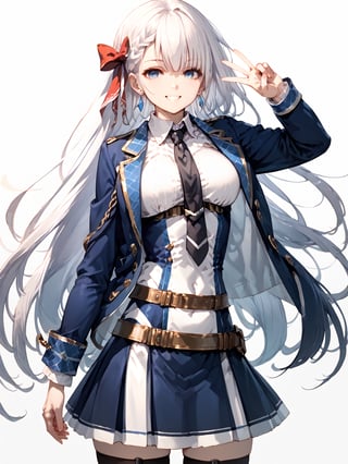 score_9,score_8_up,score_7_up,score_6_up, masterpiece, best quality
,//Character, 
1girl, solo,RiseliaRayCrystalia, very long hair, white hair, braid, blue eyes, medium breasts
,//Fashion, 
earrings, hair bow, long sleeves, white shirt, collared shirt, black necktie, blue jacket, blue skirt, pleated skirt, black thighhighs, belt
,//Background, white_background
,//Others,
making a V sign, smile,Expressiveh