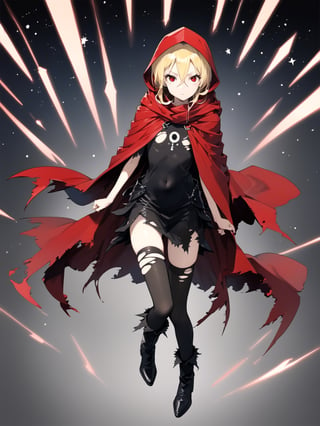 //Quality,
masterpiece, best quality, detailed
,//Character,
,Evileye \(overlord\), 1girl, solo, blonde hair, red eyes, hair between eyes, small breasts
,//Fashion,
hood, black dress, torn clothes, covered navel, red cloak, hooded cloak, black thighhighs, torn thighhighs, boots, black footwear
,//Background,
night_sky, starry_sky
,//Others,
hood down, arms at sides