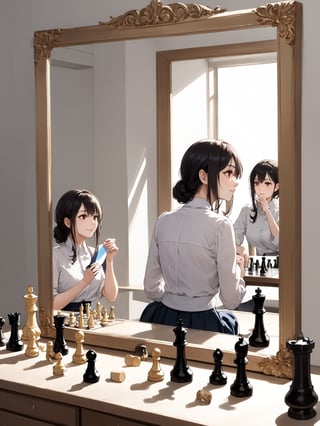 masterpiece, best quality, highres
,//Character, 
1girl, solo
,//Fashion, 
,//Background, white background
,//Others, ,Expressiveh, 
,AobaTsukuyo,
A girl playing chess with her own reflection in a mirror, but the reflection is moving the pieces independently.