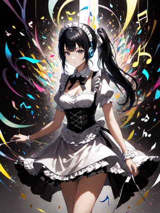 score_9,score_8_up,score_7_up,score_6_up, masterpiece, best quality, highres
,//Character, 
1girl, solo,narberal gamma \(overlord\), long hair, black hair, glay eyes, bangs, ponytail, medium breats
,//Fashion, 
maid
,//Background, 
,//Others, ,Expressiveh, 
A girl wearing headphones, with music notes visibly flowing out and transforming the world around her into colorful, abstract shapes.