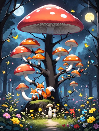 A whimsical forest scene at nighttime. Two foxes, one sitting and one standing, are the central figures, surrounded by a myriad of colorful flowers, mushrooms, and trees. Above the foxes, a large red and yellow mushroom stands out. The background is dark, possibly representing the night sky, dotted with tiny specks that could be stars or fireflies. Birds, including a pink one, can be seen perched on branches. The entire scene exudes a magical and serene ambiance.,score_9