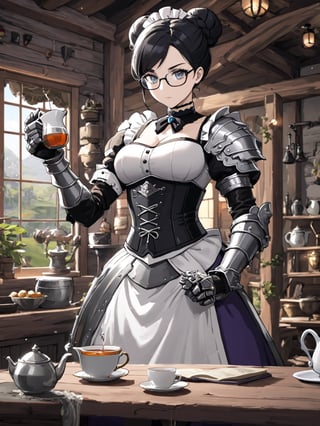 //Quality,
masterpiece, best quality, detailed
,//Character,
solo,
,//Fashion,
,//Background,
log house, pouring tea
,//Others,
,Yuri Alpha \(overlord\), 1girl, grey eyes, glasses, black hair, hair bun, breasts, dress, broach, choker, maid, armor, gauntlets, corset