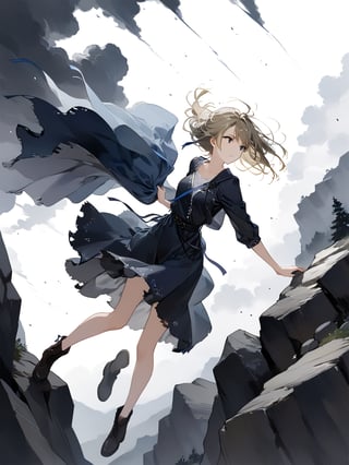 masterpiece, best quality, highres
,//Character, 
1girl, solo
,//Fashion, 
,//Background, white background
,//Others, ,Expressiveh, 
,AobaTsukuyo,
The girl climbing a steep, rocky cliff face. Her dress is slightly torn, and her hair is windswept. She's reaching for a handhold, determination evident on her face. Dark storm clouds gather in the background, adding drama to the scene.