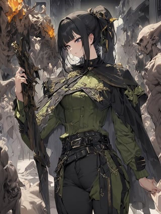 //Quality,
masterpiece, best quality, detailed
,//Character,
1girl, solo
,//Fashion,
,//Background,
,//Others,
,narberal gamma \(overlord\), 1girl, long hair, black hair, glay eyes, bangs, ponytail, medium breats, hair ribbon, long sleeves, capelet, belt, pants, weapon