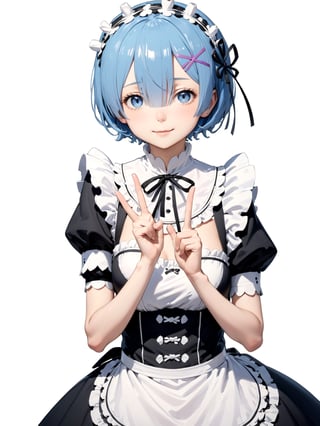 //Quality,
masterpiece, best quality, detailed
,//Character,
solo,rem \(re_zero\), 1girl, blue eyes, blue hair, short hair
,//Fashion,
roswaal mansion maid uniform, hair ribbon
,//Background,
white_background, simple_background
,//Others,
smile, V