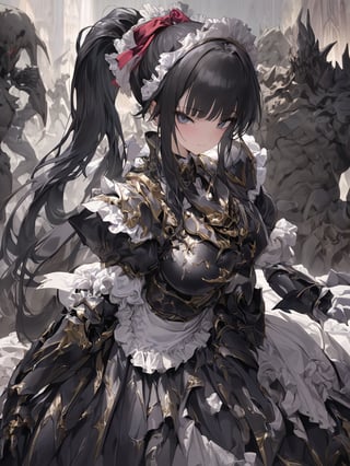 //Quality,
masterpiece, best quality, detailed
,//Character,
1girl, solo
,//Fashion,
,//Background,
,//Others,
,narberal gamma \(overlord\), 1girl, long hair, black hair, glay eyes, bangs, ponytail, medium breats, ribbon, bow, maid, dress, armor, gloves